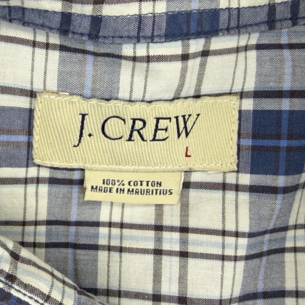 J. Crew Mens Blue White Plaid Short Sleeve Button Down Cotton Shirt Size L 60123